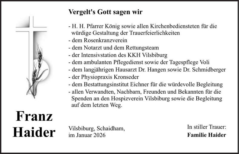 Traueranzeige Franz Haider