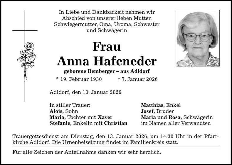 Traueranzeige Anna Hafeneder