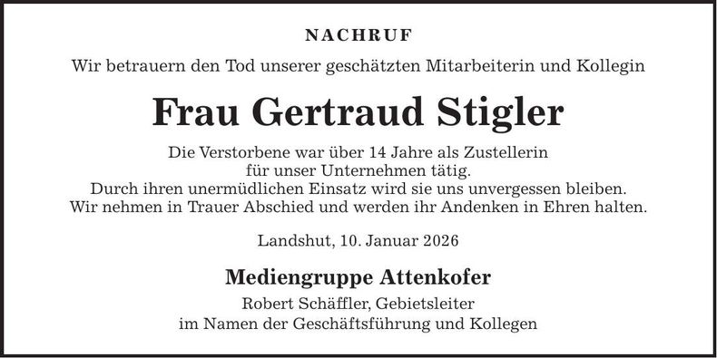 Traueranzeige Gertraud Stigler