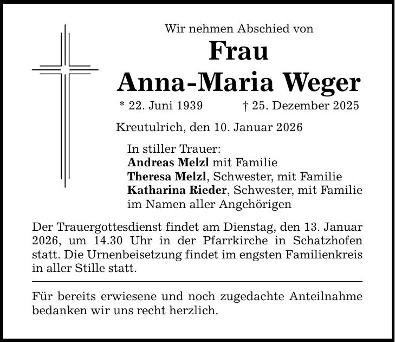 Traueranzeige Anna-Maria Weger