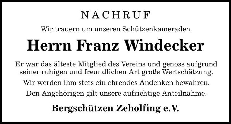 Traueranzeige Franz Windecker