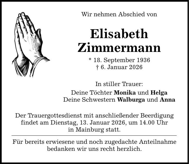 Traueranzeige Elisabeth Zimmermann