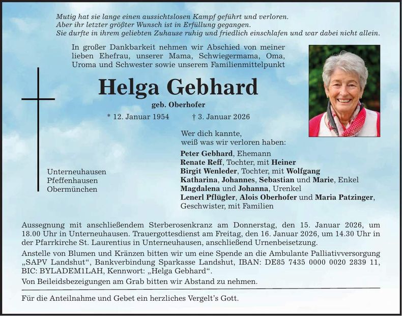 Traueranzeige Helga Gebhard