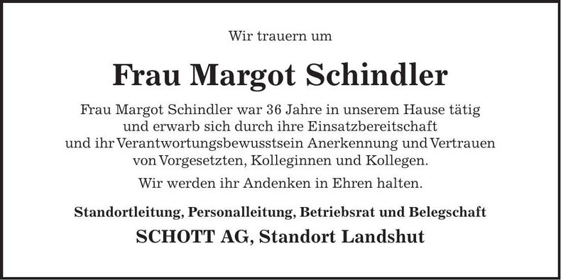 Traueranzeige Margot Schindler