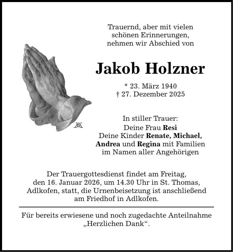 Traueranzeige Jakob Holzner