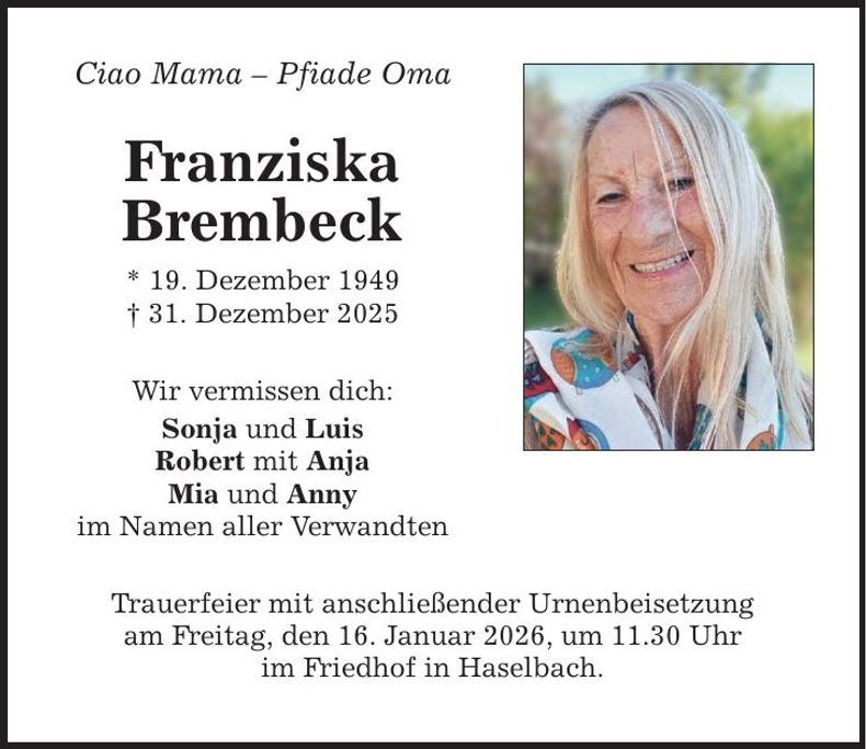 Traueranzeige Franziska Brembeck