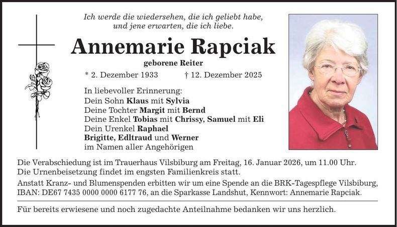 Traueranzeige Annemarie Rapciak