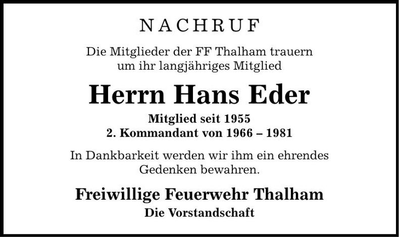 Traueranzeige Hans Eder