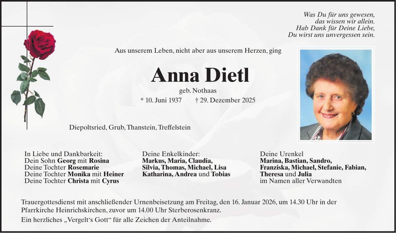 Traueranzeige Anna Dietl