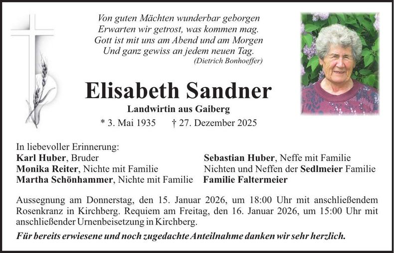 Traueranzeige Elisabeth Sander