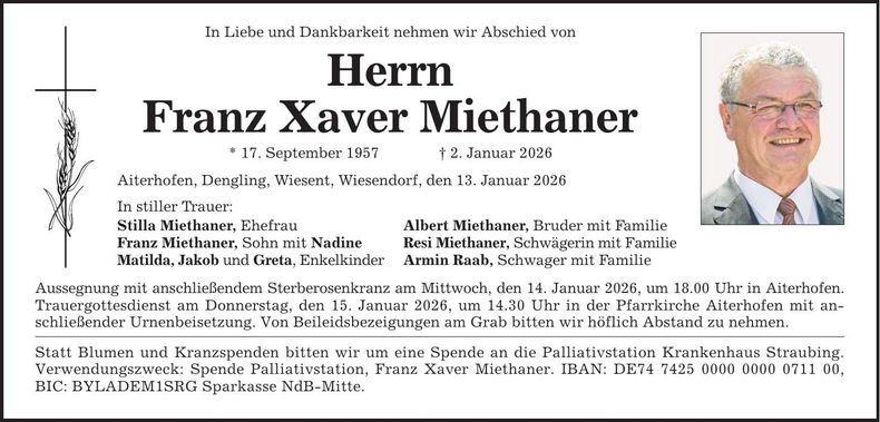 Traueranzeige Franz Xaver Miethaner