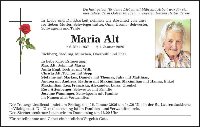 Traueranzeige Maria Alt