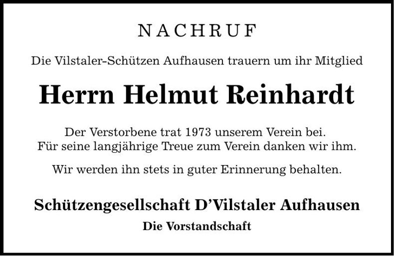 Traueranzeige Helmut Reinhardt