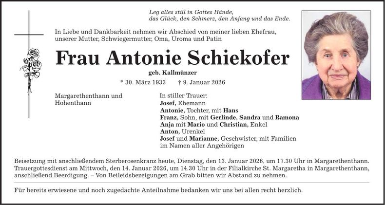 Traueranzeige Antonie Schiekofer