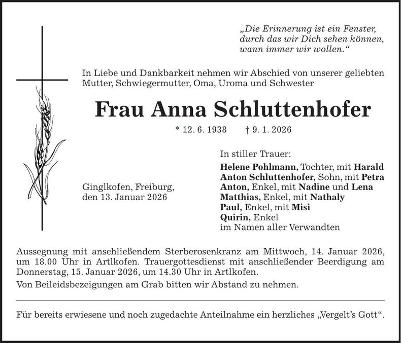 Traueranzeige Anna Schluttenhofer