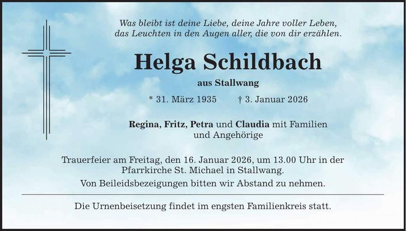 Traueranzeige Helga Schildbach