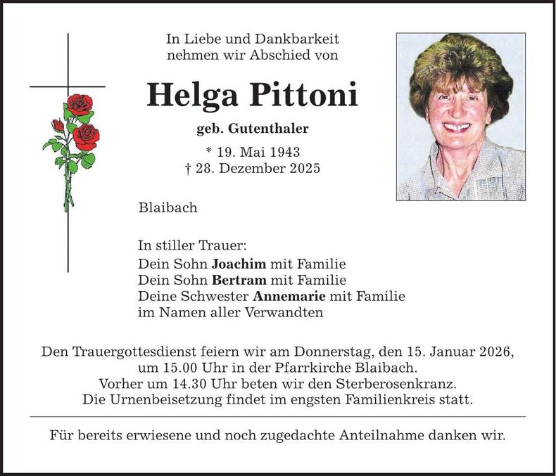 Traueranzeige Helga Pittoni