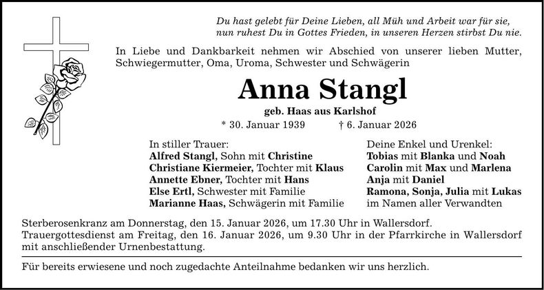 Traueranzeige Anna Stangl