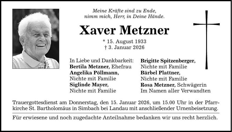 Traueranzeige Xaver Metzner