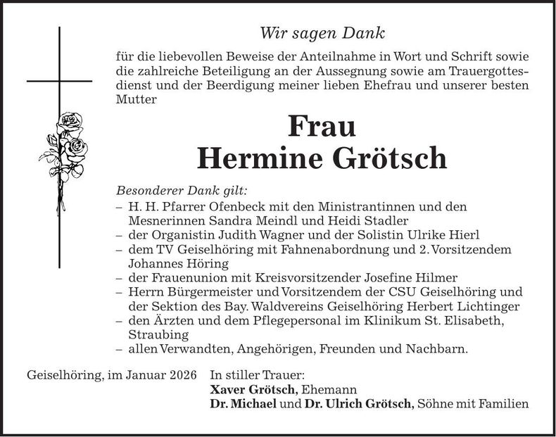 Traueranzeige Hermine Grötsch