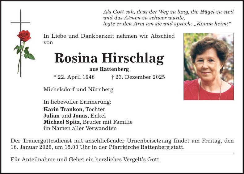 Traueranzeige Hirschlag Rosina