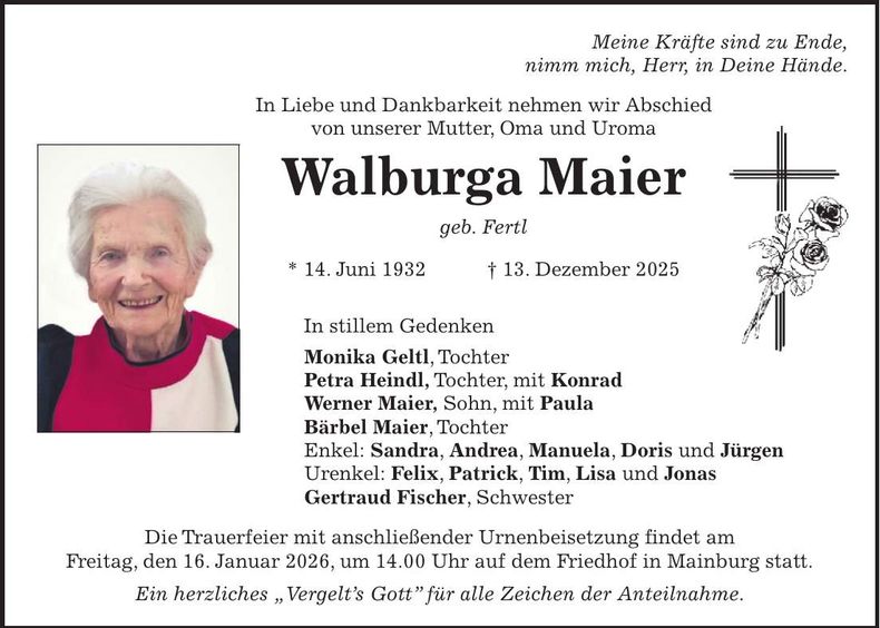 Traueranzeige Walburga Maier