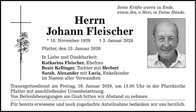Traueranzeige Johann Fleischer