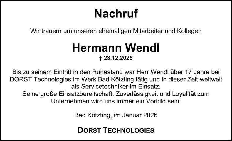 Traueranzeige Hermann Wendl