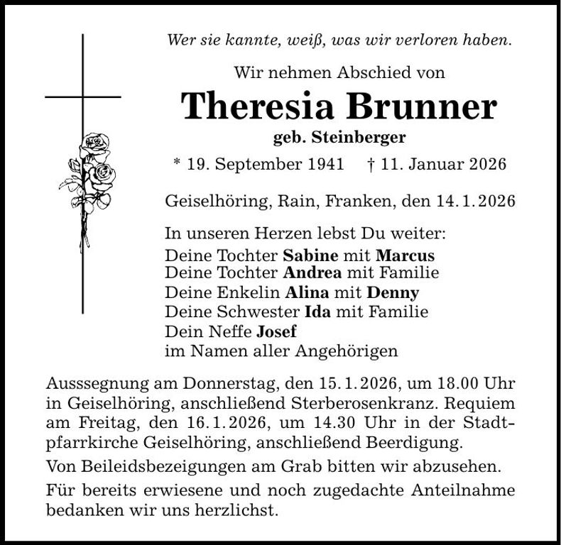 Traueranzeige Theresia Brunner
