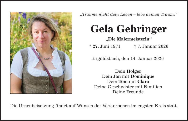 Traueranzeige Gela Gehringer
