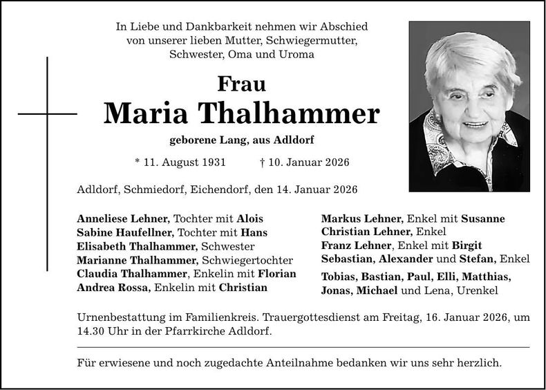 Traueranzeige Maria Thalhammer