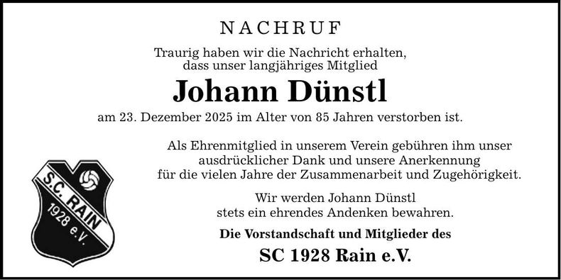 Traueranzeige Johann Dünstl
