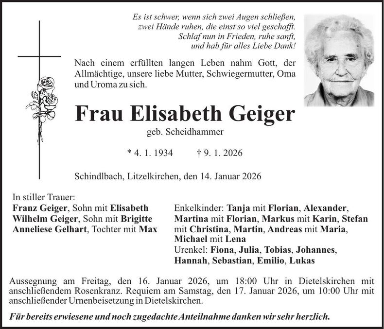 Traueranzeige Elisabeth Geiger