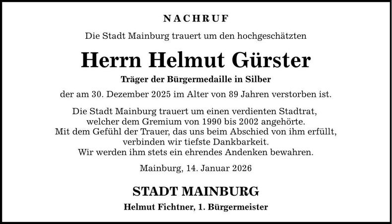 Traueranzeige Helmut Gürster