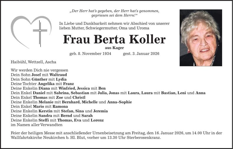 Traueranzeige Berta Koller