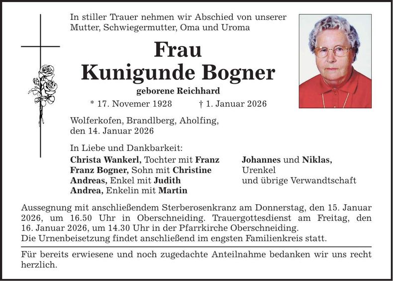 Traueranzeige Bogner Kunigunde