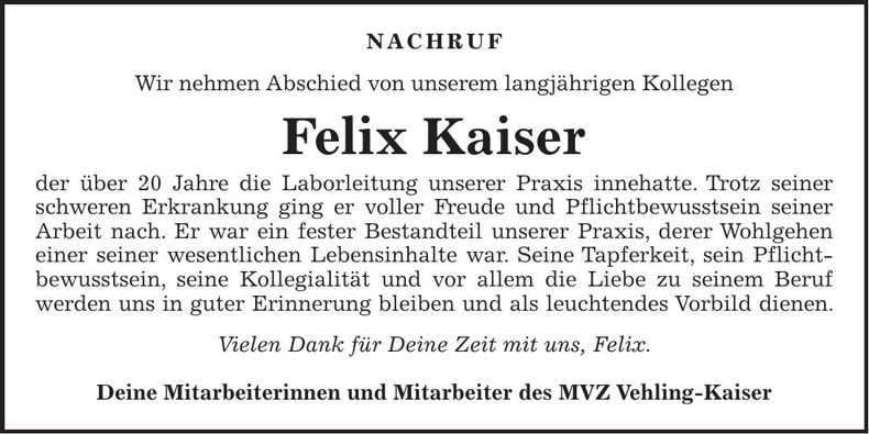 Traueranzeige Felix Kaiser