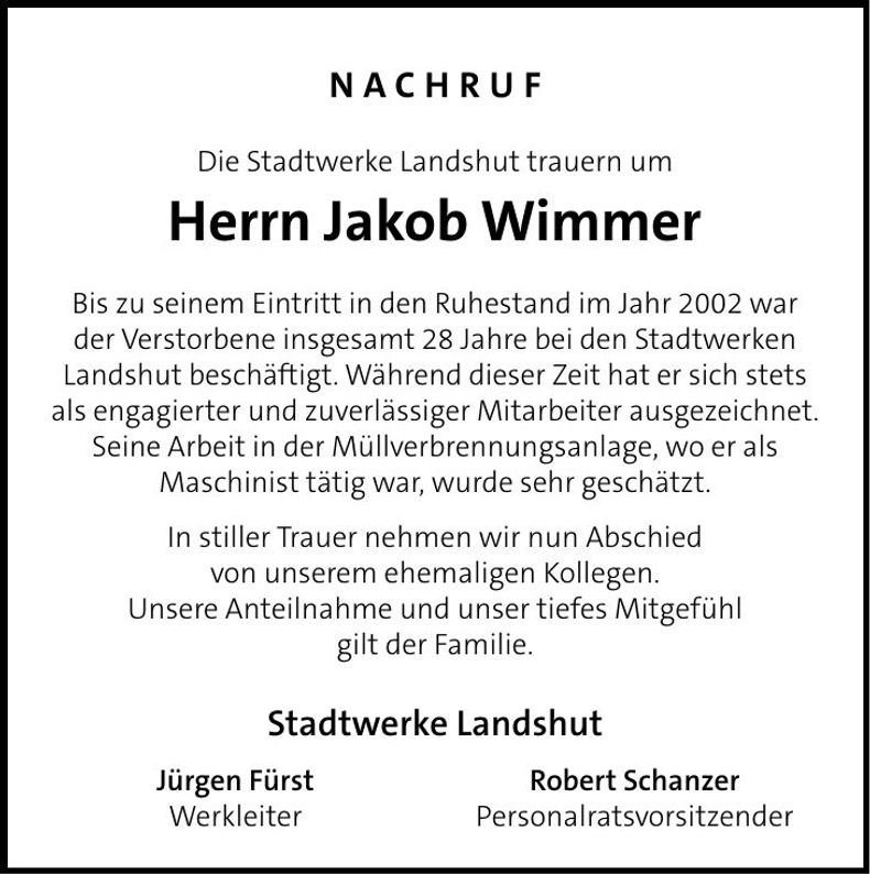 Traueranzeige Jakob Wimmer