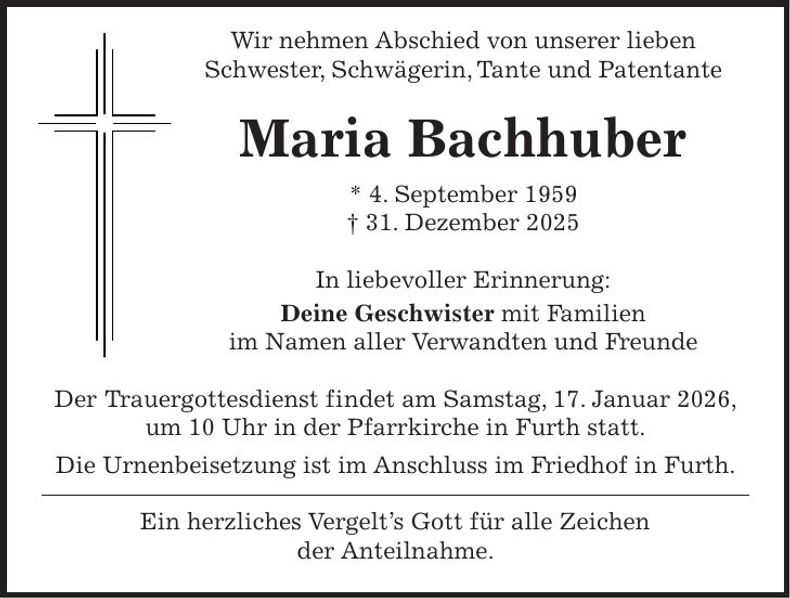 Traueranzeige Maria Bachhuber