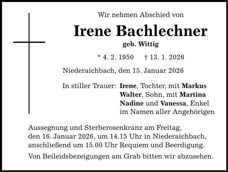 Traueranzeige Irene Bachlechner