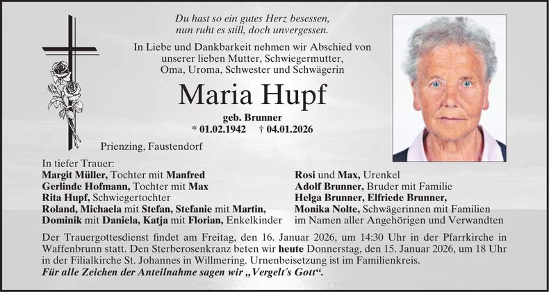 Traueranzeige Maria Hupf