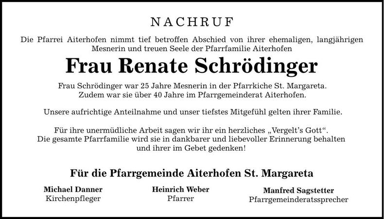 Traueranzeige Renate Schrödinger