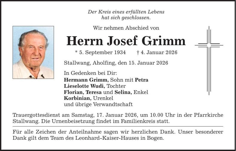 Traueranzeige Josef Grimm