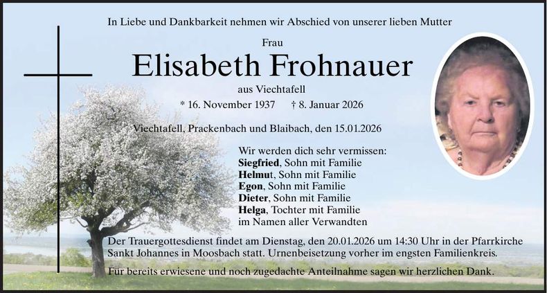 Traueranzeige Elisabeth Fohnauer