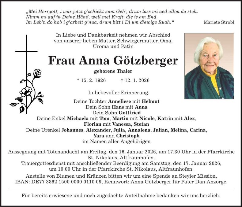 Traueranzeige Anna Götzberger