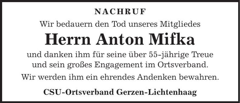 Traueranzeige Anton Mifka