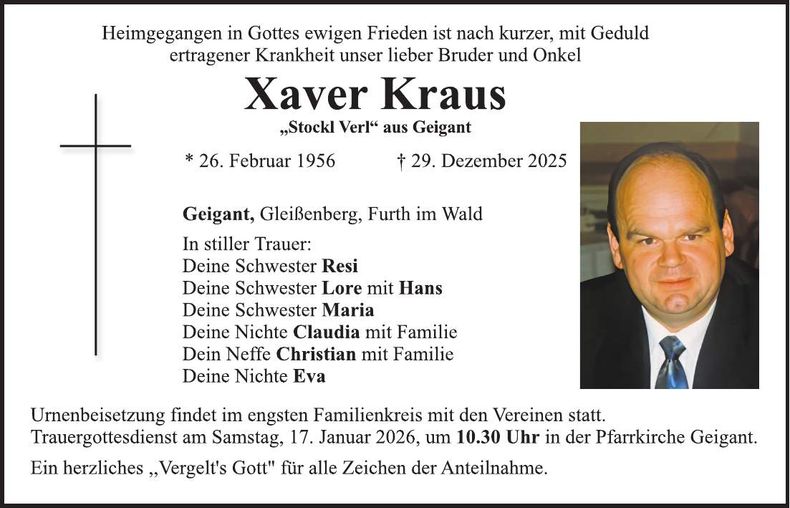 Traueranzeige Xaver Kraus