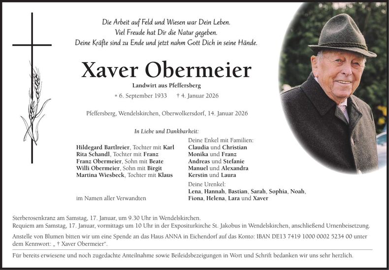 Traueranzeige Xaver Obermeier
