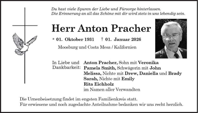 Traueranzeige Anton Pracher