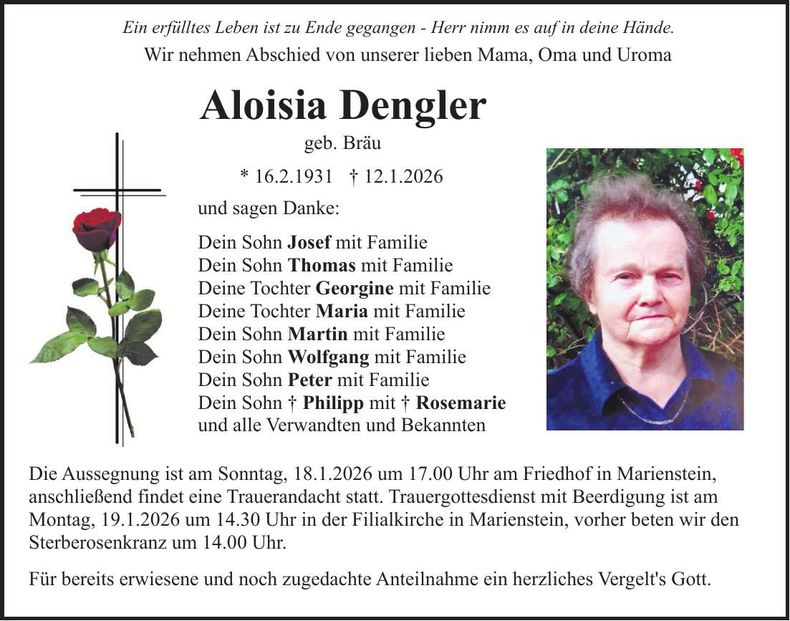 Traueranzeige Aloisia Dengler